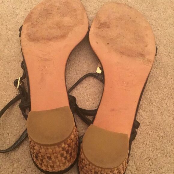 Vtg Rare STUART WEITZMAN Black Leather Strappy Brown BASKET WEAVE Heels Sandals - Picture 12 of 12